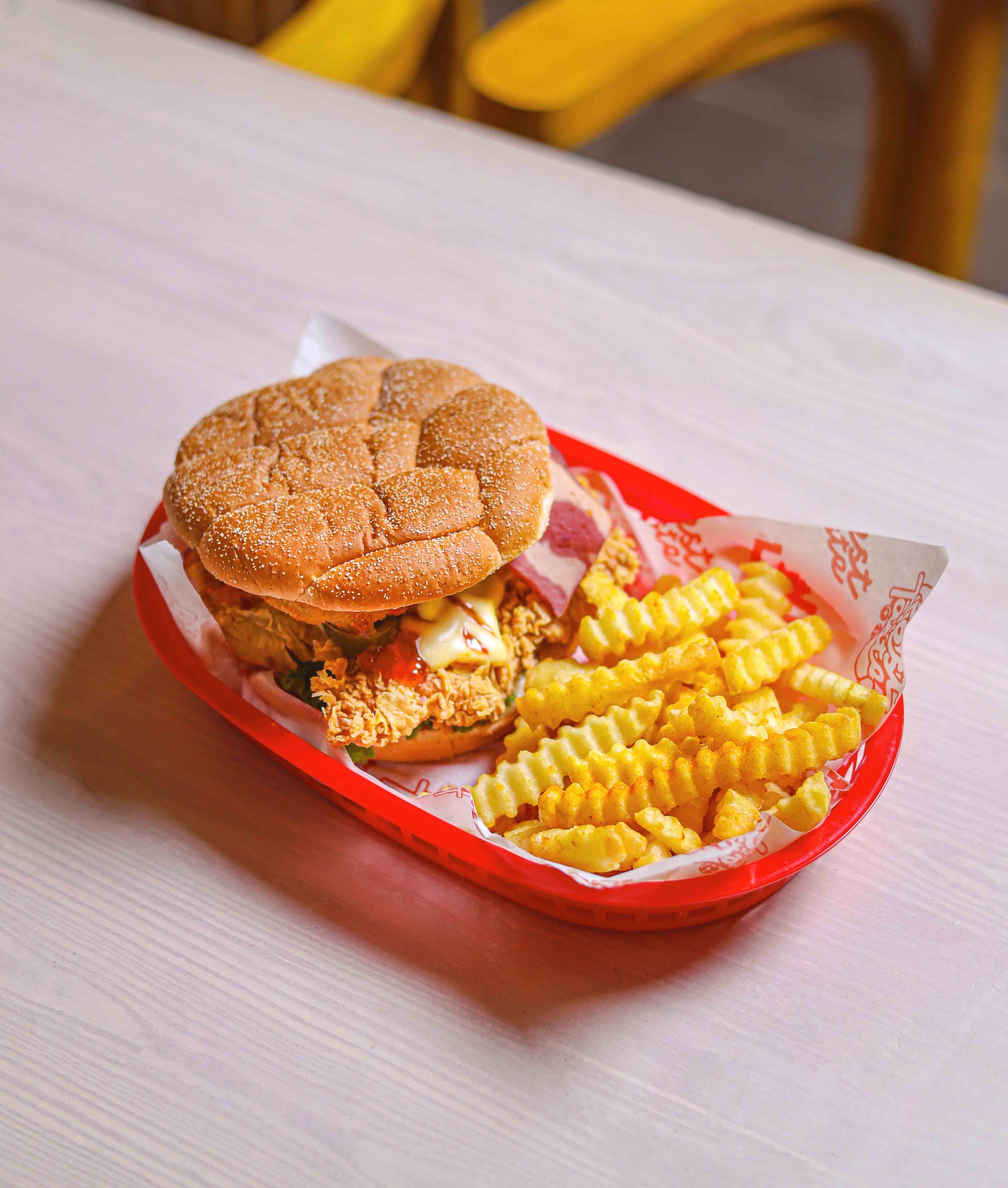 Chicken burger and fries